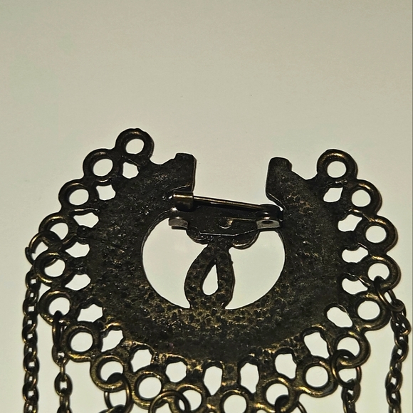 Brooch Vintage 1970's Etruscan Revival Bronze Pin Mother of Pearl Abalone - Picture 3 of 4